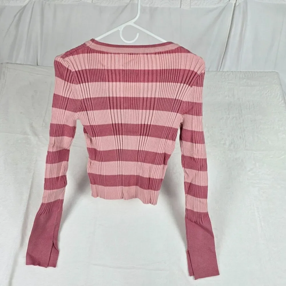 Striped Cropped Cardigan Women Large Pink Maroon Ribbed Knit V-Neck Sweater Top - Picture 2 of 7